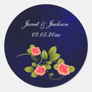 Sticker Rond Collection de Mariages de fleurs de Rose bleu fonc
