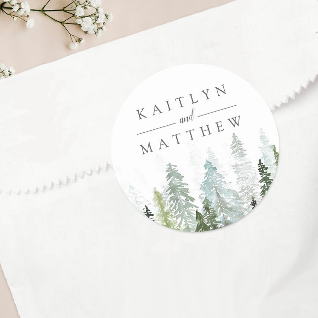 Sticker Rond Collection de Mariages de la forêt de pins d'aquar (Créateur téléchargé)