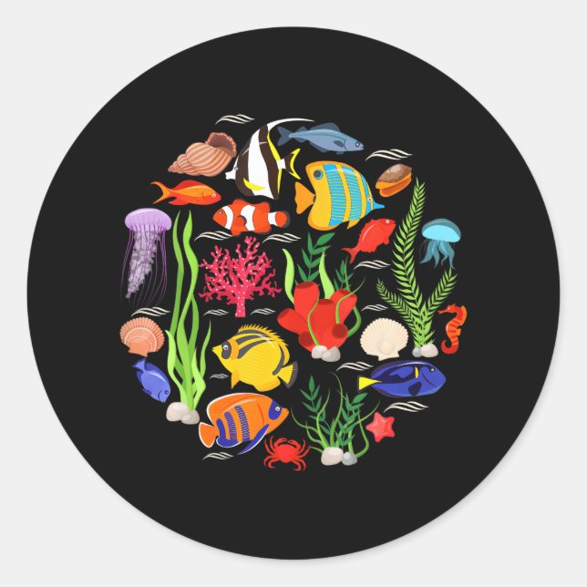 Sticker Rond Collection d'espèces de poissons Animaux marins (Devant)