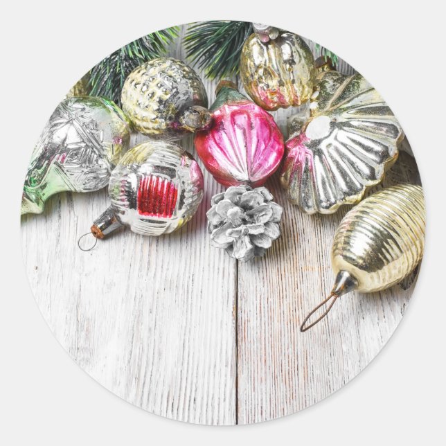 Sticker Rond Collection d'ornements en verre de Noël rétro vint (Devant)