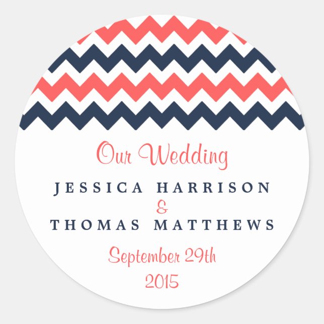 Sticker Rond Collection Mariage moderne Chevron Marine & Coral (Devant)