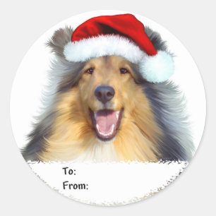 Sticker Rond Collie Christmas Père Noël Tags cadeaux