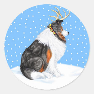 Sticker Rond Collie Christmas Reindeer Tri