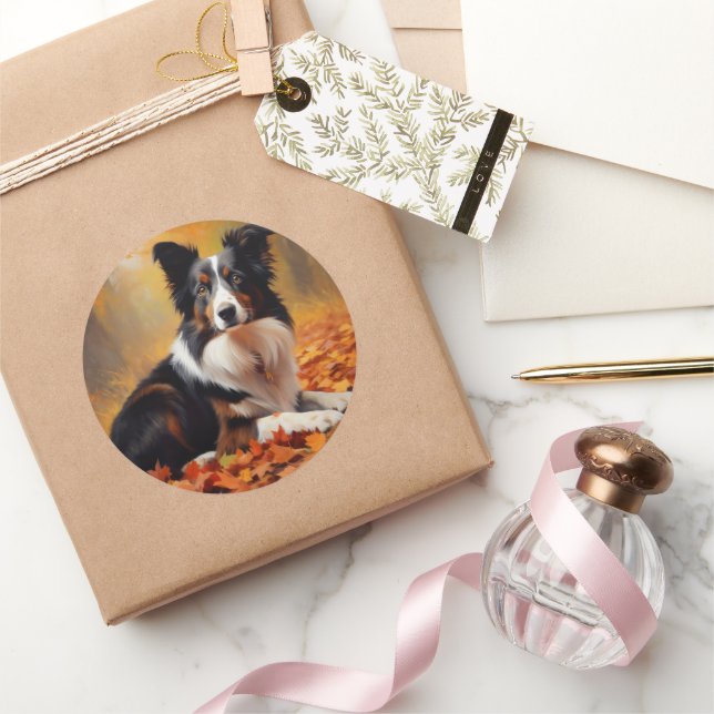Sticker Rond Collie frontalier à l'automne Feuilles automne Ins (Cadeaux)