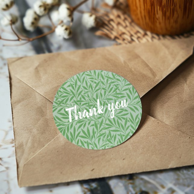 Sticker Rond Collier de Merci motif William Morris (William Morris Green botanical thank you sticker with white script.)