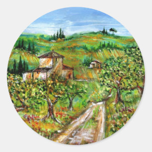 STICKER ROND COLLINES VERTES ET OLIVIERS DANS LE PAYSAGE TOSCAN