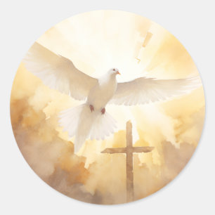 Sticker Rond Colombe blanche oiseau croix crucifix art chrétien