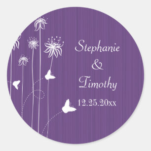 Sticker Rond Colonne de mariage fleuri à papillon prune