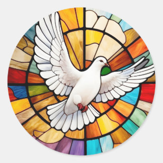 Sticker Rond Coloré blanc Dove Vitrail Oiseau
