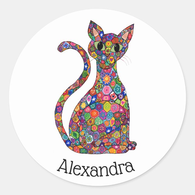 Sticker Rond Coloré Millefiori Floral Chat Nom du monogramme (Devant)