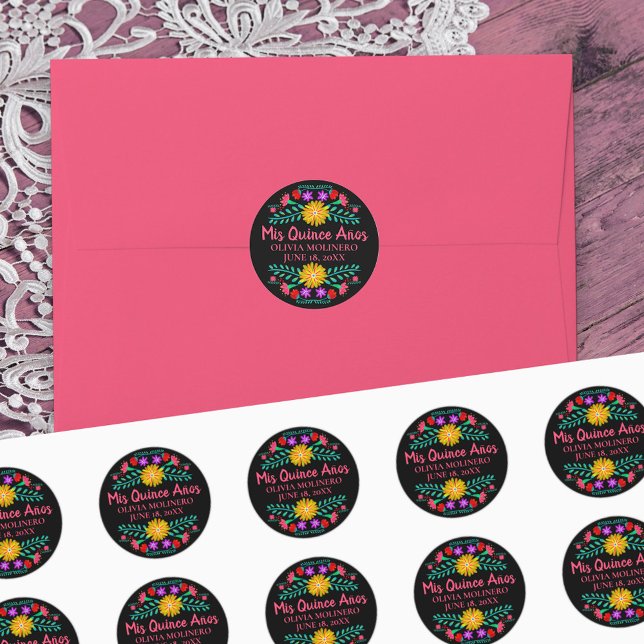 Sticker Rond Coloré Mis Quince Anos Black Rose Mexicaine Fiesta (Mis Quince stickers  from my Mexican Fiesta Floral collection)