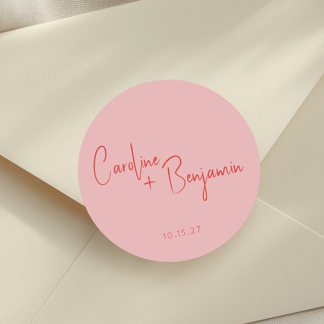 Sticker Rond Coloré moderne Boho rose rouge Mariage Script (Créateur téléchargé)
