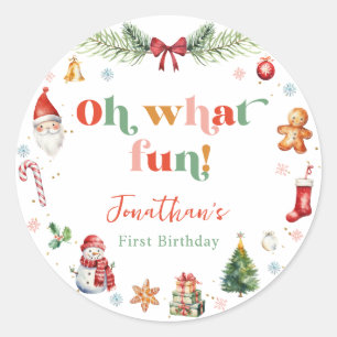 Sticker Rond Coloré Oh Quel Amusant Premier Noël Anniversaire