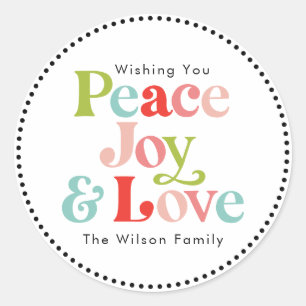 Sticker Rond Coloré Retro Paix Joie & Amour Famille de Noël