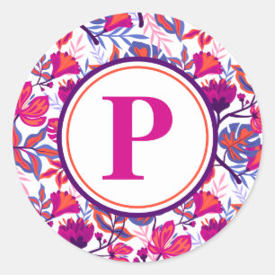 Sticker Rond Coloré, Tropical Floral, Votre Initiale