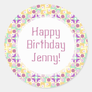Sticker Rond Coloré violet et jaune rétro Joyeux anniversaire