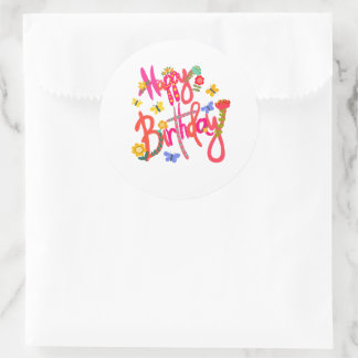 Sticker Rond Colorful Happy Birthday Floral & Butterfly Party