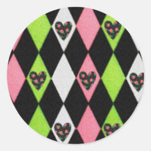 Sticker Rond Colorful harlequin Print with Rose Hearts