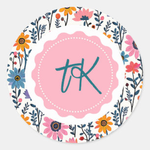 Sticker Rond Colorful Whimsical Folk Art Floral Monogramme