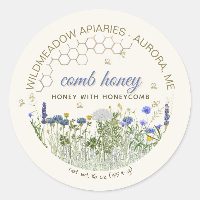 Sticker Rond COMB HONEY Miel avec peigne Fleurs et abeilles de  (Devant)