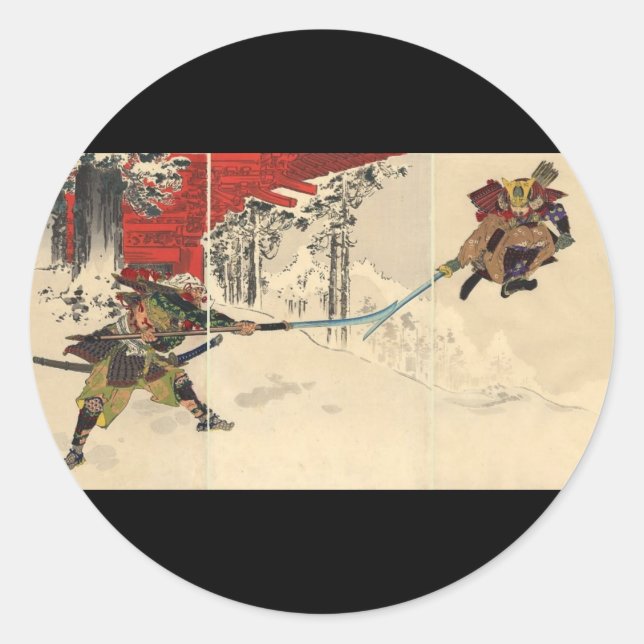 Sticker Rond Combat de Samurai dans la neige vers 1890 (Devant)