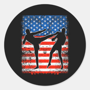 Sticker Rond Combattants de kickboxing sur drapeau américain pa