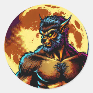 Sticker Rond Comic Book Style Werewolf devant la Pleine lune