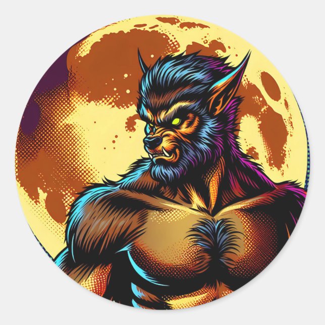 Sticker Rond Comic Book Style Werewolf devant la Pleine lune (Devant)