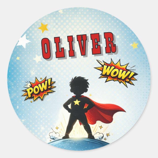 Sticker Rond Comic Style Superhero Boy's Name Birthday (Devant)