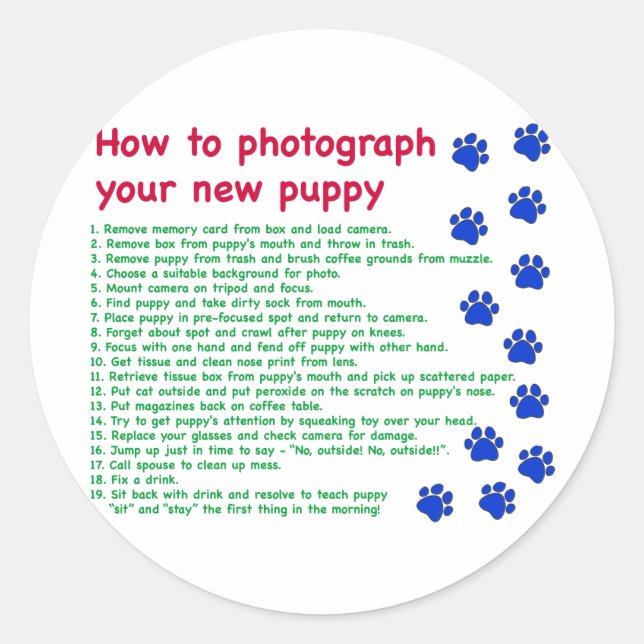Sticker Rond Comment photographier votre nouveau chiot (Devant)