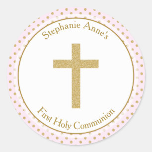Sticker Rond Communion rose avec Pois d'or