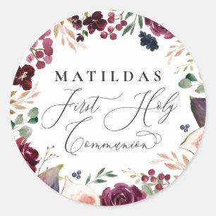Sticker Rond Communion solennelle florale aquarelle violette et