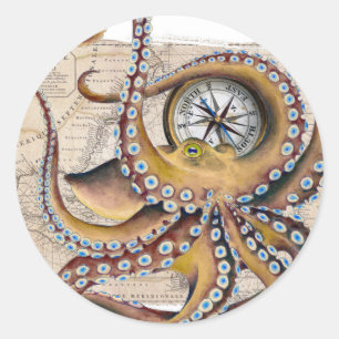 Sticker Rond Compas Vintage de carte de poulpe Brown