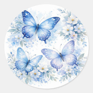 Sticker Rond Composition florale Papillon Bleu