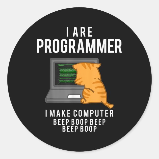 Sticker Rond Computer Cat Programmer Funny Coder Meme (Devant)