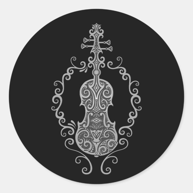 Sticker Rond Conception complexe de violon gris sur noir (Devant)