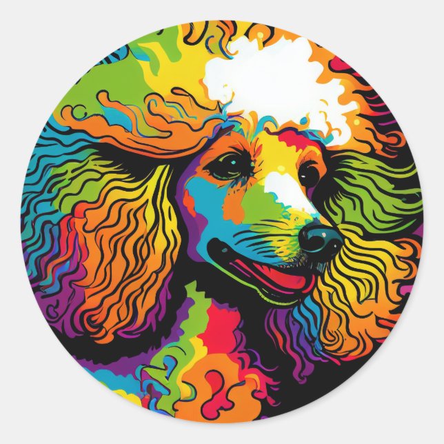 Sticker Rond Conception de chien de caniche psychédélique (Devant)