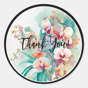 STICKER ROND CONCEPTION DE COULEUR D'EAU FLEURS ORCHIDES "MERCI
