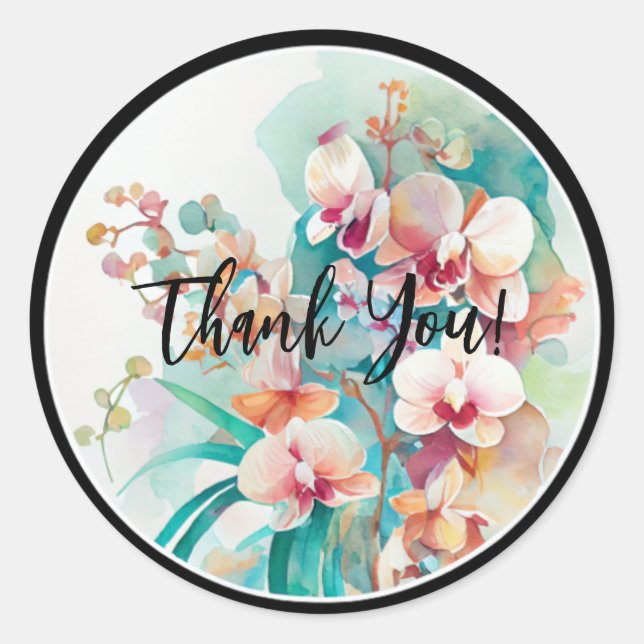 STICKER ROND CONCEPTION DE COULEUR D'EAU FLEURS ORCHIDES "MERCI (Devant)