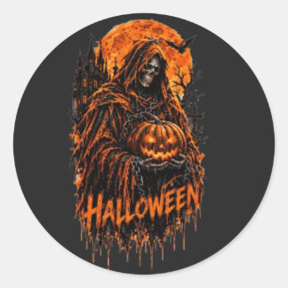 Sticker Rond Conception de Halloween de la Faucheuse Citrouille
