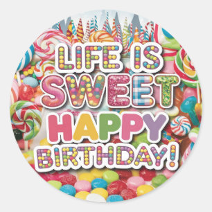 Sticker Rond Conception de joyeux anniversaire Candyland douce