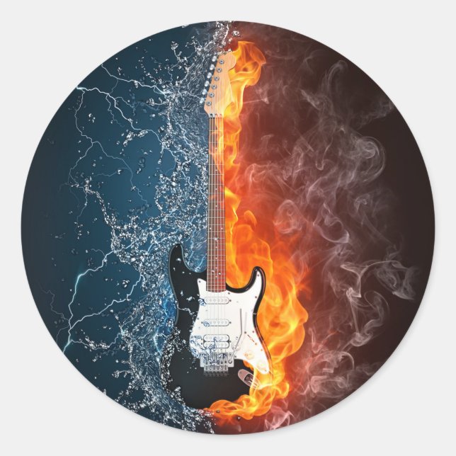 Sticker Rond Conception de la guitare cool d'eau et d'incendie (Devant)