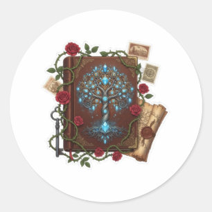 Sticker Rond Conception de livre de sorts Fantasy Tree of Life