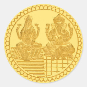 STICKER ROND CONCEPTION DE PIÈCE D'OR DE LAKSHMI ET DE GANESH