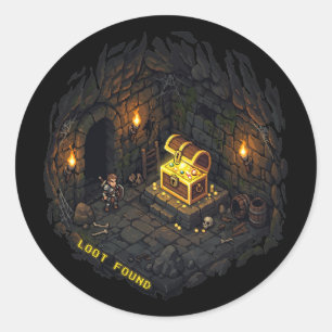 Sticker Rond Conception de Pixel Art de Donjon Fantastique avec