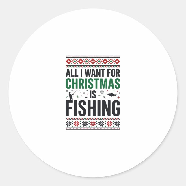 Sticker Rond Conception de pull moche de pêche à Noël (Devant)