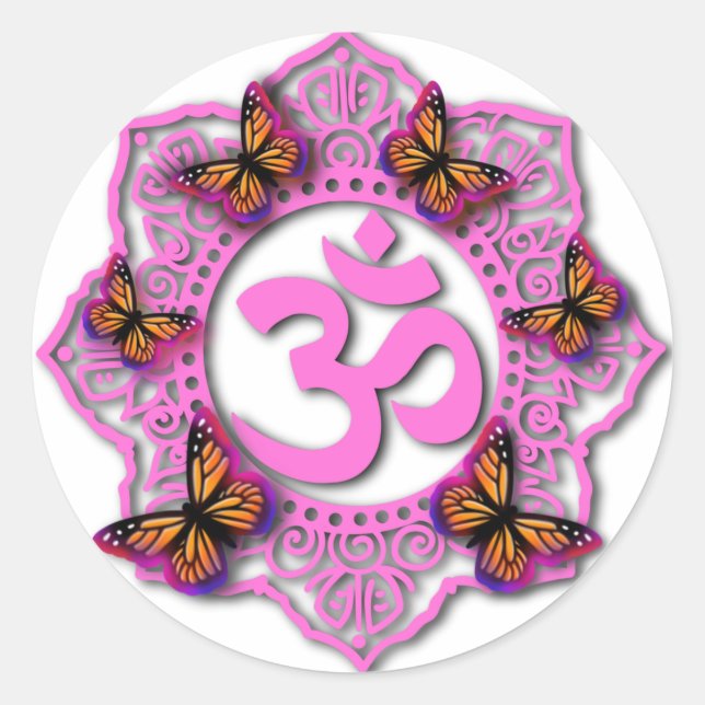 Sticker Rond Conception mandala ohm rose avec papillons Monarch (Devant)