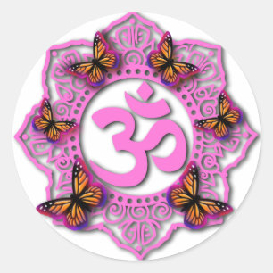 Sticker Rond Conception mandala ohm rose avec papillons Monarch
