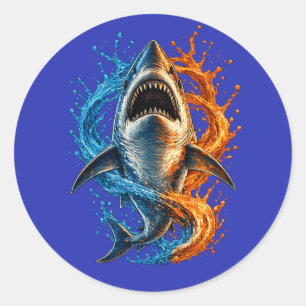 Sticker Rond Conception Splash de Requin Féroce – Océan Bleu & 