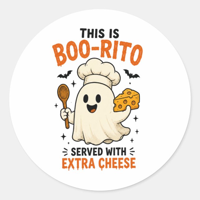 Sticker Rond Conception « Voici un Boo-Rito servi avec du froma (Devant)